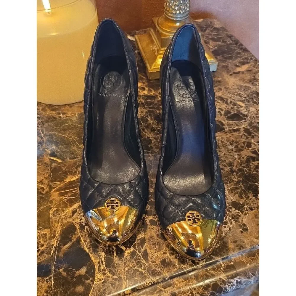 Tory Burch Quilted Navy Wedge Pumps with Gold Toe Cap Size 9.5